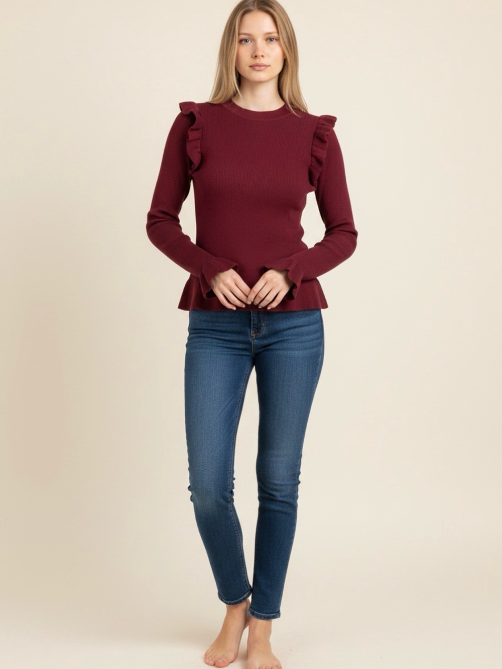 Ruffled Peplum Knit Top - Burgundy